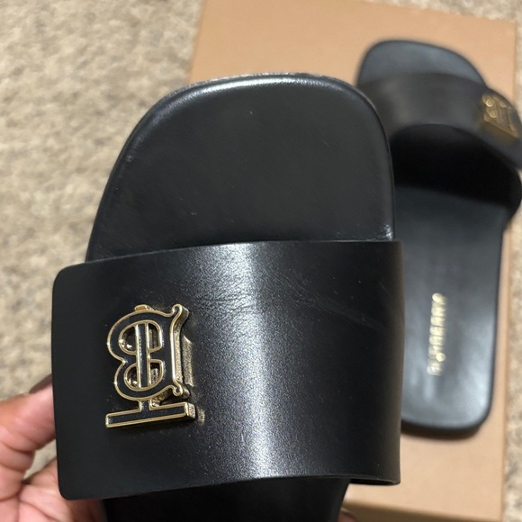 Burberry Black Slides with Gold Logo - Picture 3 of 16